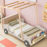 Wood Twin Size Car Bed with Pillow, Ceiling Cloth and LED, Natural WF309288AAM