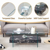43.3 Inch Modern Two-Tier Coffee Table - Clear Tempered Glass and Black Marble Texture, W1151P232637