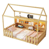 Twin Size House Bed with LED Light, Wood House Bed with Storage Bookshelf, Floor House Bed with W2593P269092