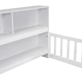 ZUN Twin Floor Bed with Bedside Bookcase,Shelves,Guardrails,White W504142771