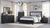 1pc Modern King Panel Bed with Headboard Lighting Black Finish Faux Leather Gray Upholstery Button B011P244361