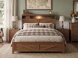 Queen size bed frame headboard with LED lights and charging station cushion platform bed frame, W636P566598