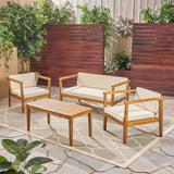 ZUN Outdoor 4-Seater Acacia Wood Chat Set with Coffee Table with Cushions, Teak and Beige 63347.00BGE