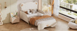 Twin XL Size Upholstered Stretchable Vaulted Sofa Bed, Bear Shaped Headboard, Beige N709P182128A