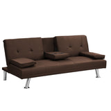 ZUN Sofa Bed with Armrest two holders WOOD FRAME, STAINLESS LEG, FUTON BROWN PVC W2297P164939