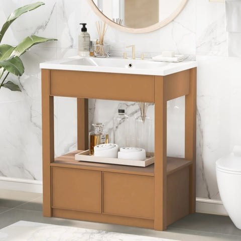ZUN 30" Bathroom Vanity with Sink Top, Bathroom Cabinet with Open Storage Shelf and Two Drawers, Brown 51882165