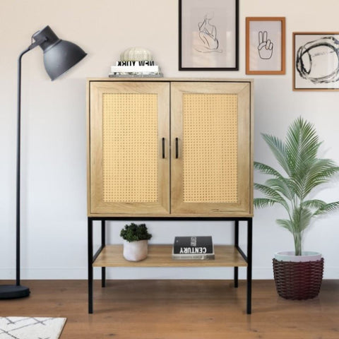 ZUN 31.5 inch Wide 2 Rattan Doors Free Standing Sideboard Storage Cabinet with One Open Bottom Shelf for W167382611
