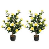 2 PCS 38 Inch Artificial Camellia Tree Faux Flower Plant in Cement Yellow 46836016