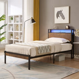 Twin Size Metal Platform Bed Frame with Wooden Headboard and Footboard with USB LINER, LED Lights 30470220