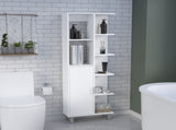 Mott 63" H Linen Bathroom Cabinet with Seven Open Shelves, One Drawer and four legs,White B097P167431