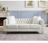 Beige, Three-seater Sofa, Velvet Crystal Buckle Upholstery Sofa, Crystal Feet, Removable Cushion, 09555906