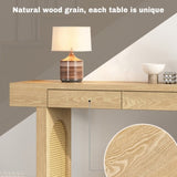 Narrow Console Table with Rattan Accent, Natural Wood Finish Entryway Table with Storage Drawers, 63493797
