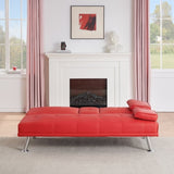 ZUN 67" Red Leather Multifunctional Double Folding Sofa Bed for Office with Coffee Table W165880941