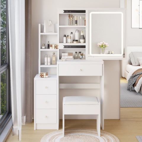 ZUN Small Space Left Bedside Cabinet Vanity Table + Cushioned Stool, Extra Large Touch Control Sliding W936P154651
