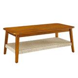 ZUN 47.25" Mid-Century Coffee Table with Woven Shelf, Boho Rattan Coffee Table with Storage, Farmhouse W1801P195652