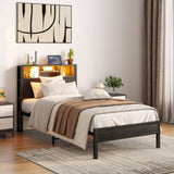 Twin Size Bed Frame with Storage Headboard, Metal Platform Bed with Charging Station, Bookcase W840P201065