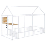 Twin Size Metal Bed House Bed Frame with Desk, Shelves, Power Outlets and USB Ports, White N737P173490K