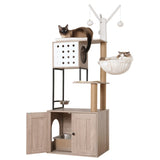 Cat Tree with Litter Box Enclosure - Modern Cat Condo with Scratching Posts, Feeding Bowl & W1687P304380