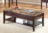 Dark Cherry Finish Wooden Lift Top Cocktail Table with Storage Shelf Faux Marble Top 1pc B011P175754