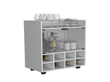 32" H white bar- coffee cart, Kitchen or living room cabinet storage with 4 wheels, with 8 bottle B097133141
