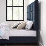 Queen Size Navy Blue Denim Squares Upholstered Platform Bed B108P160248