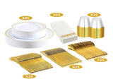 175Pcs Disposable Gold Dinnerware Set Gold Rim Plastic Plates Cups Fork Spoon Knife Paper Napkins 80206586