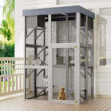 70.5 Tall Wooden Catio Outdoor Cat Enclosure, Gray Cat House Large Solid Wood Cage Playpen with 6 W773P307596