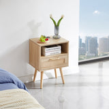 15.75" Rattan End table with Power Outlet & USB Ports , Modern nightstand with drawer and solid wood W126573116