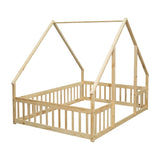 Full Wood House-Shaped Floor Bed with Fence, Guardrails,Natural W504P143295