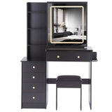 37" Middle Size Left Bedside Cabinet Vanity Table Cushioned Stool Dresser Set, 2 AC2 USB Socket, W936P224320