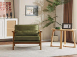 Mid-Century Oak Accent Chair - Linen-Cotton Forest Green Upholstered Single Lounge Chair, Indoor 45317043