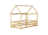 Twin Size House Floor Wooden Bed with Roof Frame,Safety Guardrails,Natural W504P286404