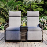 Patio Recliner Loveseat Chair, Adjustable Backrest Wicker Outdoor Lounge Chair Set with Acacia Wood 98839028