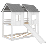 Twin over Twin House Bunk Bed with Slide and Windows,White 56897346