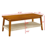 ZUN 47.25" Mid-Century Coffee Table with Woven Shelf, Boho Rattan Coffee Table with Storage, Farmhouse W1801P195652