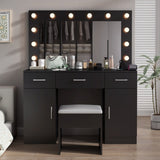 Vanity Desk Set with Large Lighted Mirror Powre Outlet, Glass Top Makeup Vanity with 3 Drawers 61795996