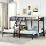 ZUN Metal Twin over Twin & Twin Bunk Bed, Triple Bunk Bed with Storage Shelves Staircase, Black 04708704