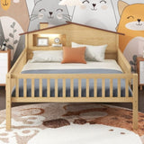 Full Size Wood Platform Bed with House-shaped Headboard, LED and Built-in Storage, Natural N709P184430M