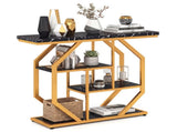 39.5" Modern Sofa Table with 4-Tier Storage, Black & Gold Console Table with Faux Marble Top for 50074188