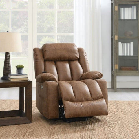 ZUN ACME Omarion Power Recliner w/Lift, Heating & Massage, Brown Leather Aire LV02997