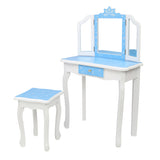 Children's Wooden Dressing Table Three-Sided Folding Mirror Dressing Table Chair Single Drawer Blue 02718254