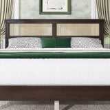 Queen Size Rubber Wooden, Solid Wooden Bed with Rattan Headboard, Enhanced by Support Feet,Espresso W504P252031