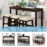 ZUN TOPMAX 4 Pieces Counter Height Table with Fabric Padded Stools, Rustic Bar Dining Set with Socket, WF326001AAD