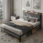 ZUN Queen Size Bed Frame with Charging Station, Upholstered Headboard, Metal Platform, Grey W1960131346