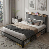 Full Size Bed Frame with Charging Station, Upholstered Headboard, Metal Platform, Grey W1960131344