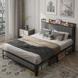 ZUN Full Size Bed Frame with Charging Station, Upholstered Headboard, Metal Platform, Grey W1960131344