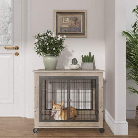 ZUN Furniture Dog Cage Crate with Double Doors on Casters. Grey, 31.50'' W x 22.05'' D x 24.8'' H. 70138030