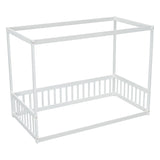 Twin Size Canopy Frame Floor Bed with Fence, Guardrails,White W504P143278