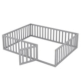 ZUN Queen Size Wood Floor Bed Frame with Fence and Door, Gray 91365938