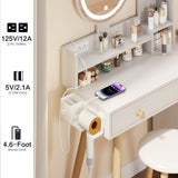 Round Mirror Bedside Cabinet Vanity Table Cushioned Stool, With 2 AC Power 2 USB socket, 17" W936P146695